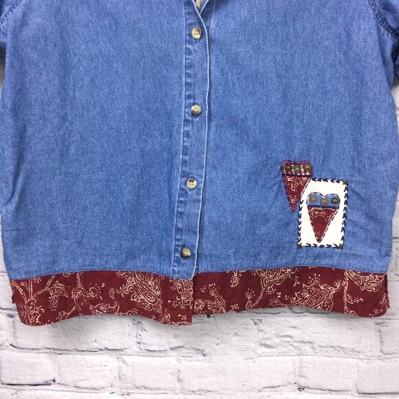 Lemon Grass VTG Chambray Farmcore Patch Short Sleeve Blue Collared Shirt Large - Picture 9 of 14